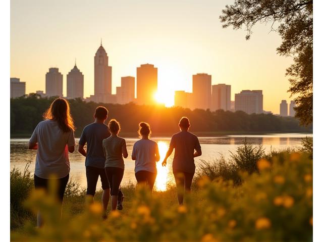 Vibrant Austin skyline at sunrise with people exercising along Town Lake, subtly featuring green and organic elements.