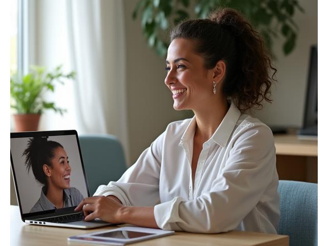 A functional nutritionist conducting a virtual coaching session with a client, displayed on a laptop screen, emphasizing personalized and supportive interaction.
