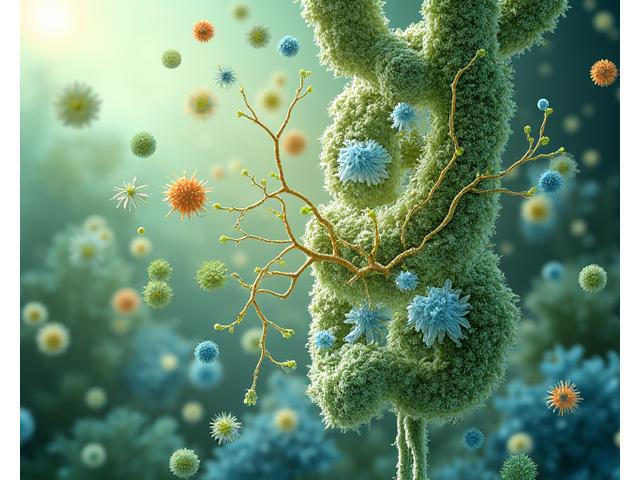Detailed illustration of the human gut microbiome, showing diverse bacteria, gut lining villi, and signaling pathways to the brain with a healthy, vibrant color palette.