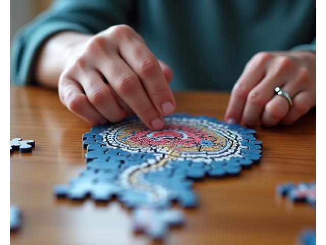 Person assembling a intricate puzzle, symbolizing cognitive engagement and brain health