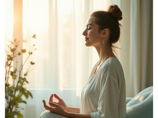Woman meditating calmly in a serene garden, symbolizing hormonal balance
