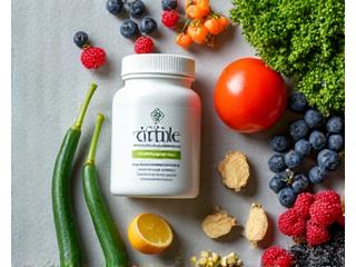 Artistic flat lay of vibrant superfoods, a supplement bottle, and digestive health probiotics, representing functional nutrition.