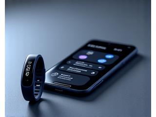 Sleek smart wearables like a fitness tracker and sleep monitor, next to a smartphone displaying a wellness app, representing health technology.