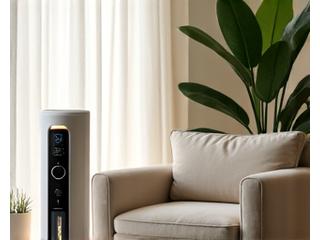 A serene home environment with an air purifier, soft organic bedding, and meditation cushions, indicating home wellness products.