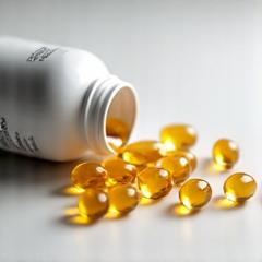 Bottle of premium Omega-3 fish oil supplements with glossy softgel capsules pouring out.