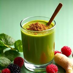 Scoop of brightly colored superfood powder in a glass, ready to be mixed, with fresh berries and greens around it.