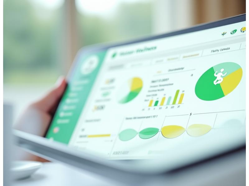 Digital health dashboard displaying various metrics like nutrition intake, sleep patterns, and activity levels, with stylized data visualizations.
