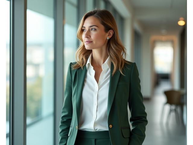 Sarah, 43, looking energetic and calm in a professional setting after her wellness transformation.