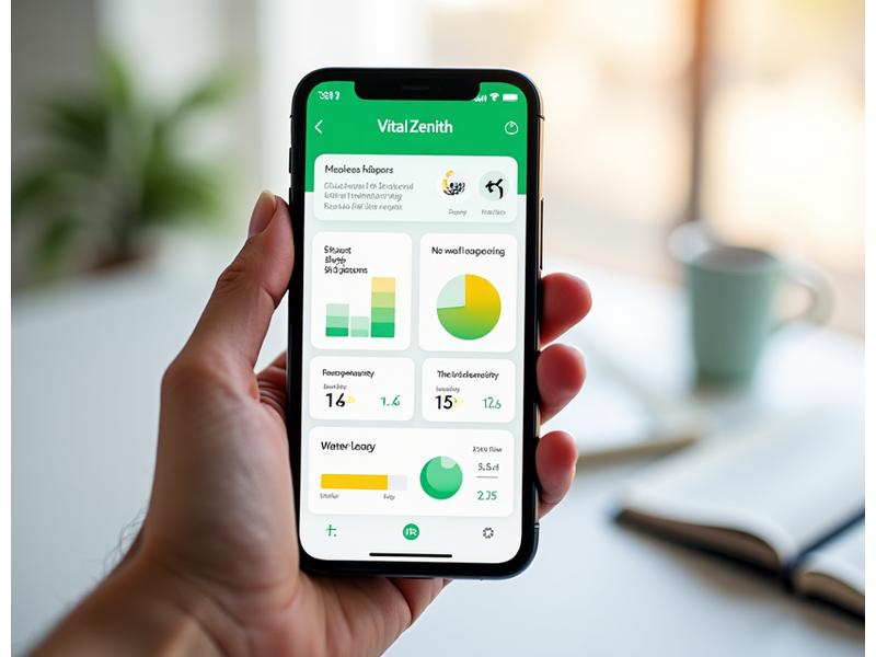 A smartphone displaying a Vital Zenith wellness app dashboard with colorful charts and graphs for sleep, activity, and nutrition tracking.