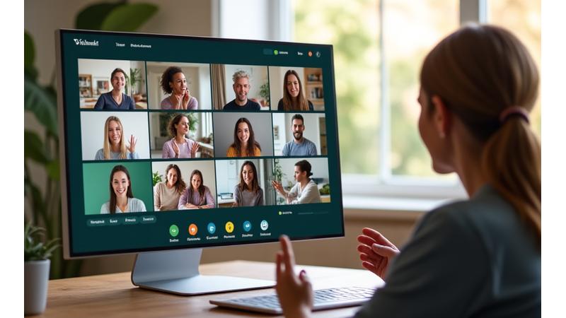 A diverse group of adults participating interactively in a Vital Zenith virtual wellness workshop on a video conferencing screen, with an instructor leading.