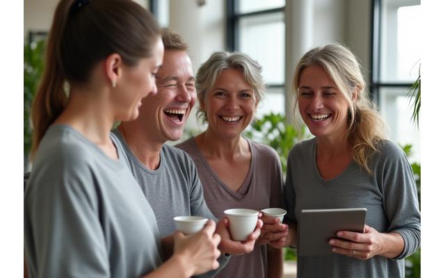 Diverse group of adults laughing and smiling during a wellness community gathering in Austin, Texas