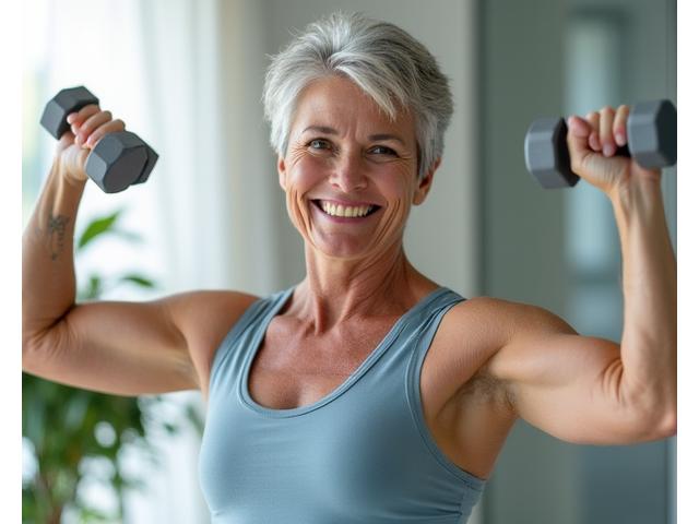 An active woman in her late 40s or 50s performing a low-impact weight-bearing exercise with good form, symbolizing bone strength and vitality.