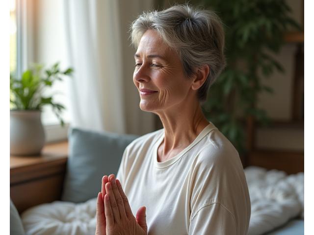 A serene woman practicing mindfulness or meditation in a peaceful setting, symbolizing mental clarity and emotional balance.
