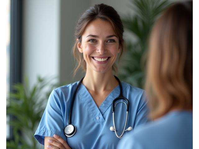 A confident, empathetic female wellness specialist engaging with a client, demonstrating expertise and personalized care.